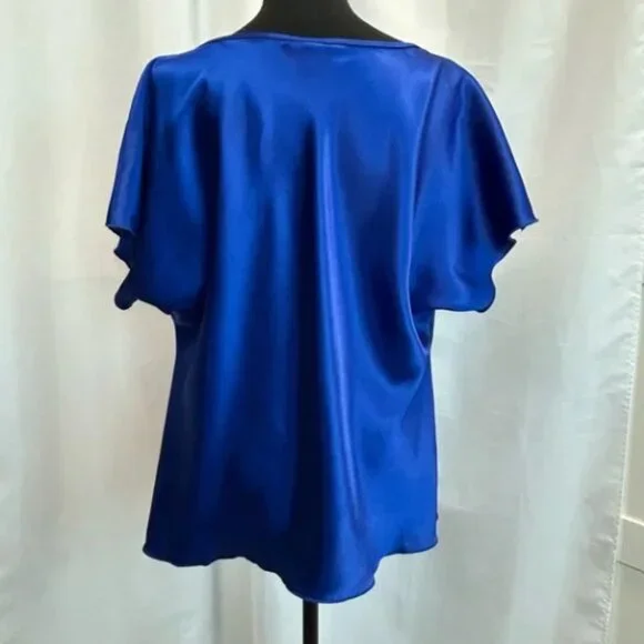 Nicole Miller Royal cobalt blue satin short sleeve draped cowl neck blouse, Sz M - Picture 2 of 6